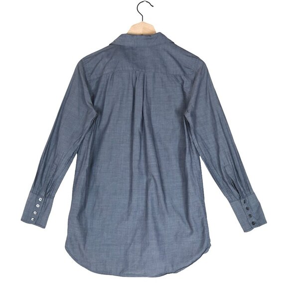 J.Crew Long Line Shirt Size XS Blue Chambray Pleated Front 100% Cotton - Picture 3 of 7